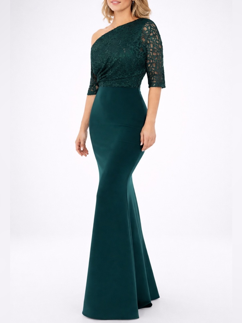🆕🌿Betsy&Adam Emerald Green One Shoulder Lace Gown Maxi Dress Size 10 Formal Prom
